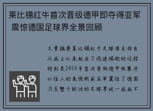 莱比锡红牛首次晋级德甲即夺得亚军 震惊德国足球界全景回顾