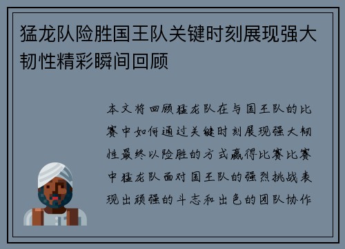 猛龙队险胜国王队关键时刻展现强大韧性精彩瞬间回顾